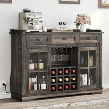 53" wine bar cabinet for liquor and glasses, farmhouse kitchen sideboa