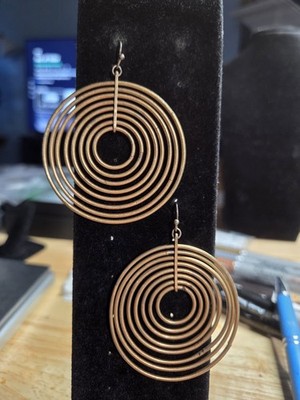 Gold Tone Spiral Circle Hoop Dangle Earrings Pierced 2.5'' Statement Boho