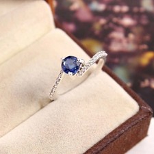 Sterling Silver Round Cut Blue Sapphire Gemstone Ring Gift For Fiance