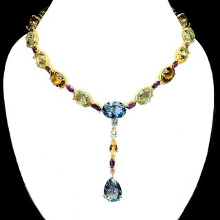 925 Sterling Silver Necklace Swiss Blue Topaz 17x13mm Fire Opal Gems 18 Ins Rare