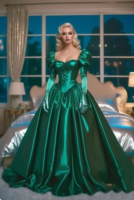 Custom DarkGreen Victorian Glitter Prom Dress Bubble Sleeves Long Sleeves  Corset | eBay