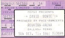 DAVID BOWIE, REUNION ARENA, DALLAS, TX, CONCERT TICKET, OCT. 11, 1987