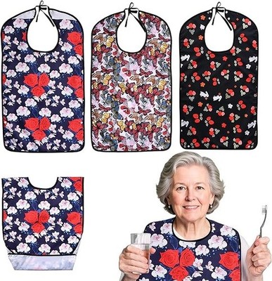 Waterproof Adult Bibs for Women, 3 Pack with Crumb Catcher, Washable