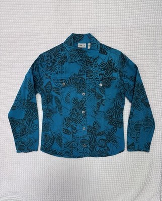 CHICO'S Womens Teal Floral Print Jean Jacket Button Front Pockets Size 0 Small