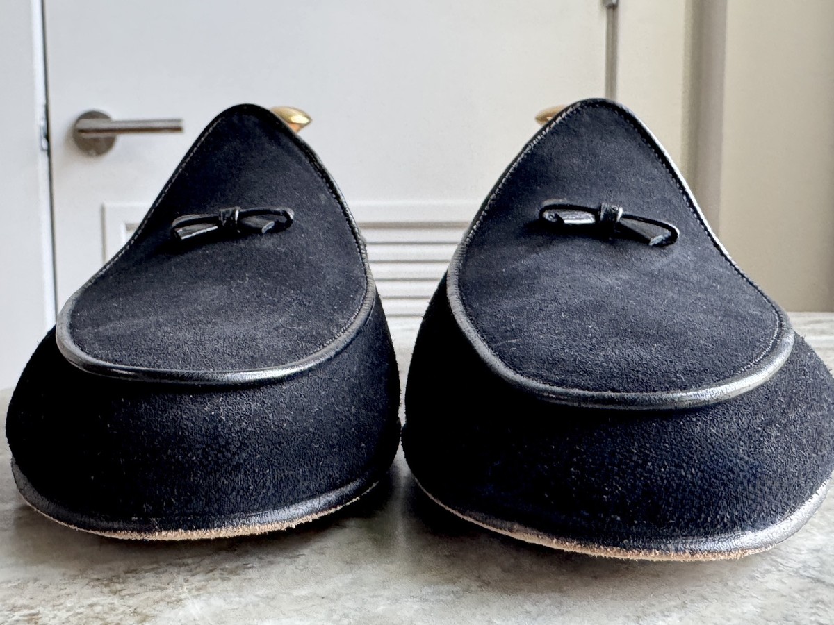 BELGIAN SHOES HENRI BLACK SUEDE SLIPPERS BOW TIE 12  display picture 1