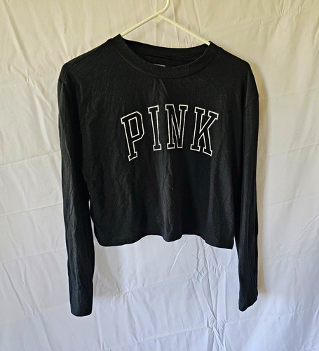 PINK Victoria’s Secret Women’s Black Cropped Long Sleeve Crew Neck Logo Tee S
