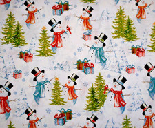 Christmas Fabric By Yard Snowmen Trees Birds Gifts Snow Ivory Premium Cotton 35