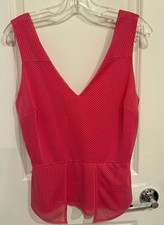 Y2K Bebe Pink Mesh Peplum Tank Top Large V-Neck Back Zip Made in USA