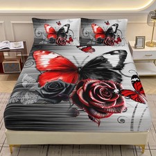 Black Red Butterfly Fitted Sheet Set, Queen Size Girls Rose Butterfly Bedding...