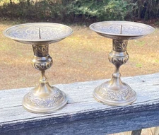 Vintage Brass Candle Holder Pedestal Set of 2 MCM Preown SEE DESCRIPT SEE PICS