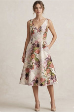 Adrianna Papell Silver Floral Metallic Jacquard A-Line V-Neck Midi Dress 10