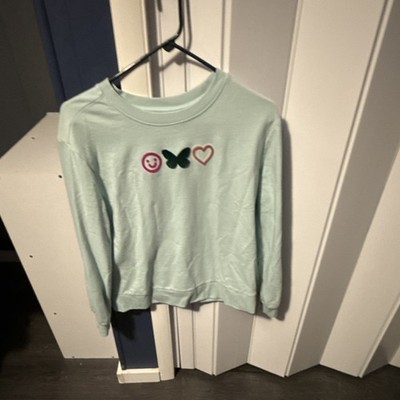 Girls Green Pullover Crew Neck Sweatshirt Graphic Butterfly Heart