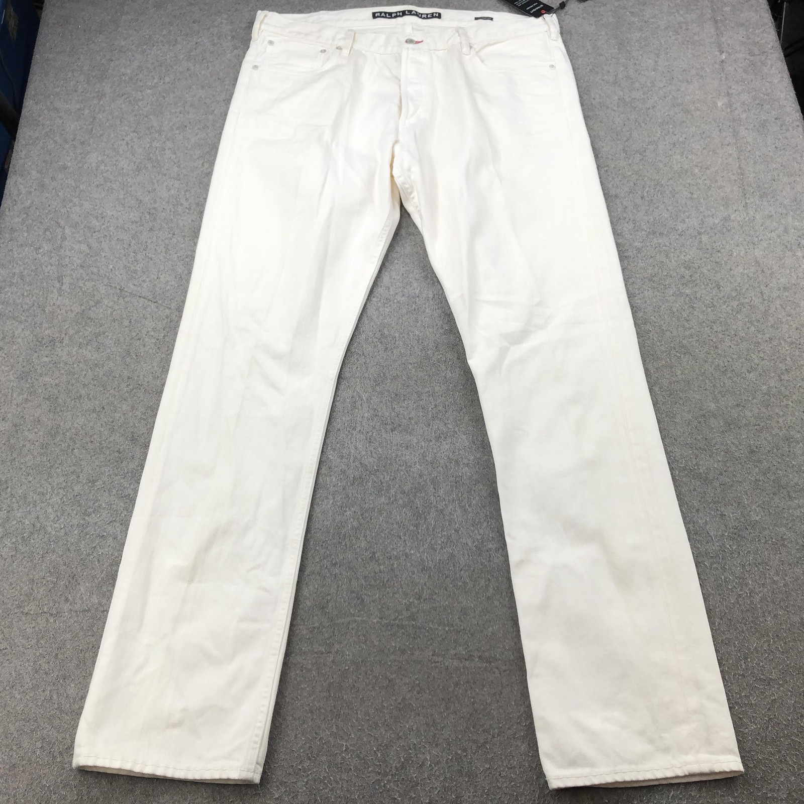 S 38x34 White Straight Black Label Button Fly Denim