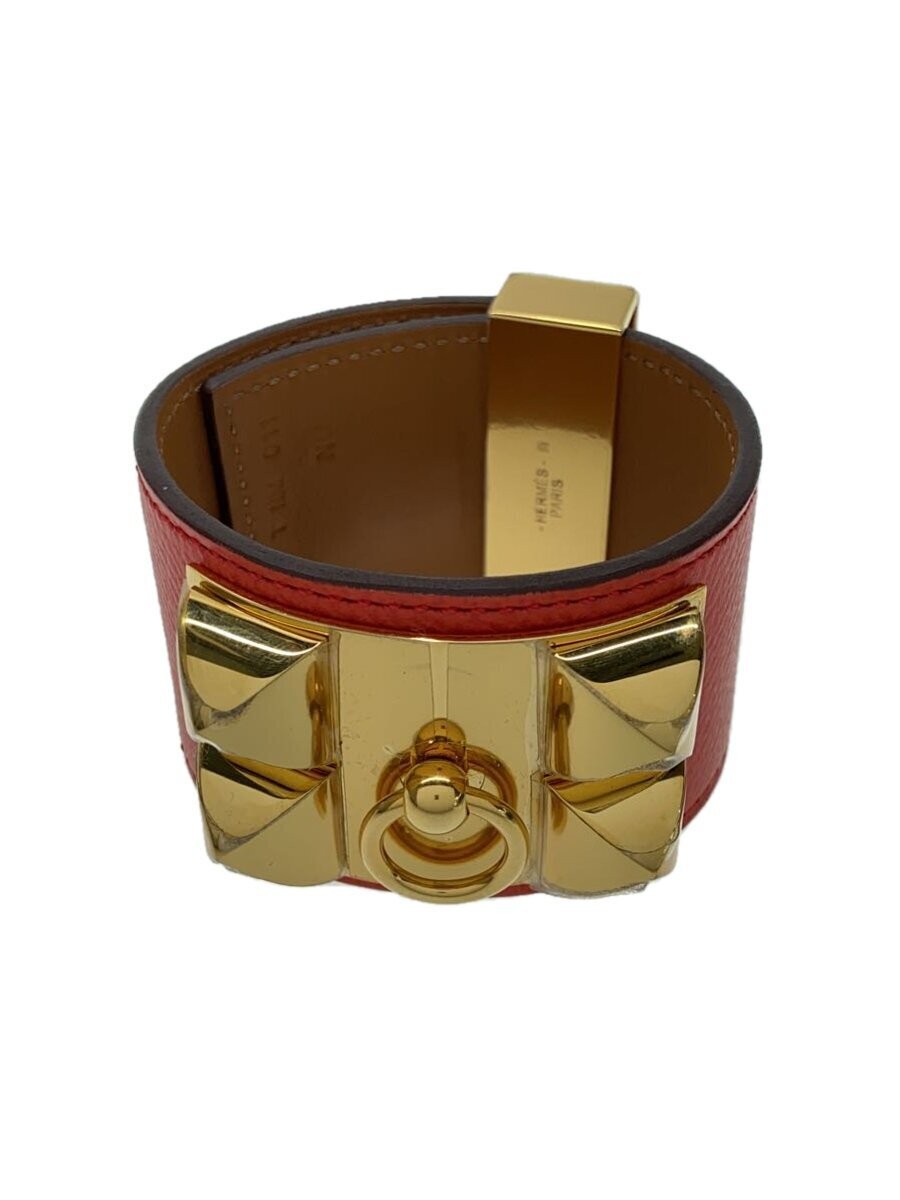 Hermes Leather Ornament Bangle Ladies Collied Cyan Orange Gold 1227