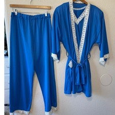 VTG Hand Made Blue Lace Trim 3 Piece Pajama Sleep Set Robe Shirt  Pants Small
