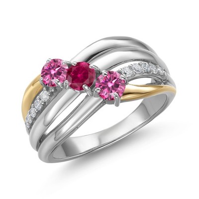 925 Silver and 10K Yellow Gold Pink Moissanite and Created Ruby and Lab Grown