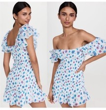 $395 LoveShackFancy Womens Kodie Coral Blue Smocked Floral Printed Mini Dress XS