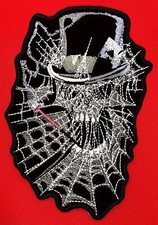 Skull With Top Hat In Spider Web Iron On Embroidered Patch 3 3/8"x 5"