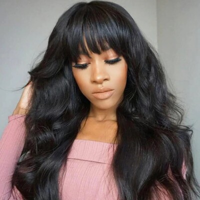 Long Wavy Black Wigs with Bangs 13x4 Lace Front 100% Human Hair Wig 180% Density
