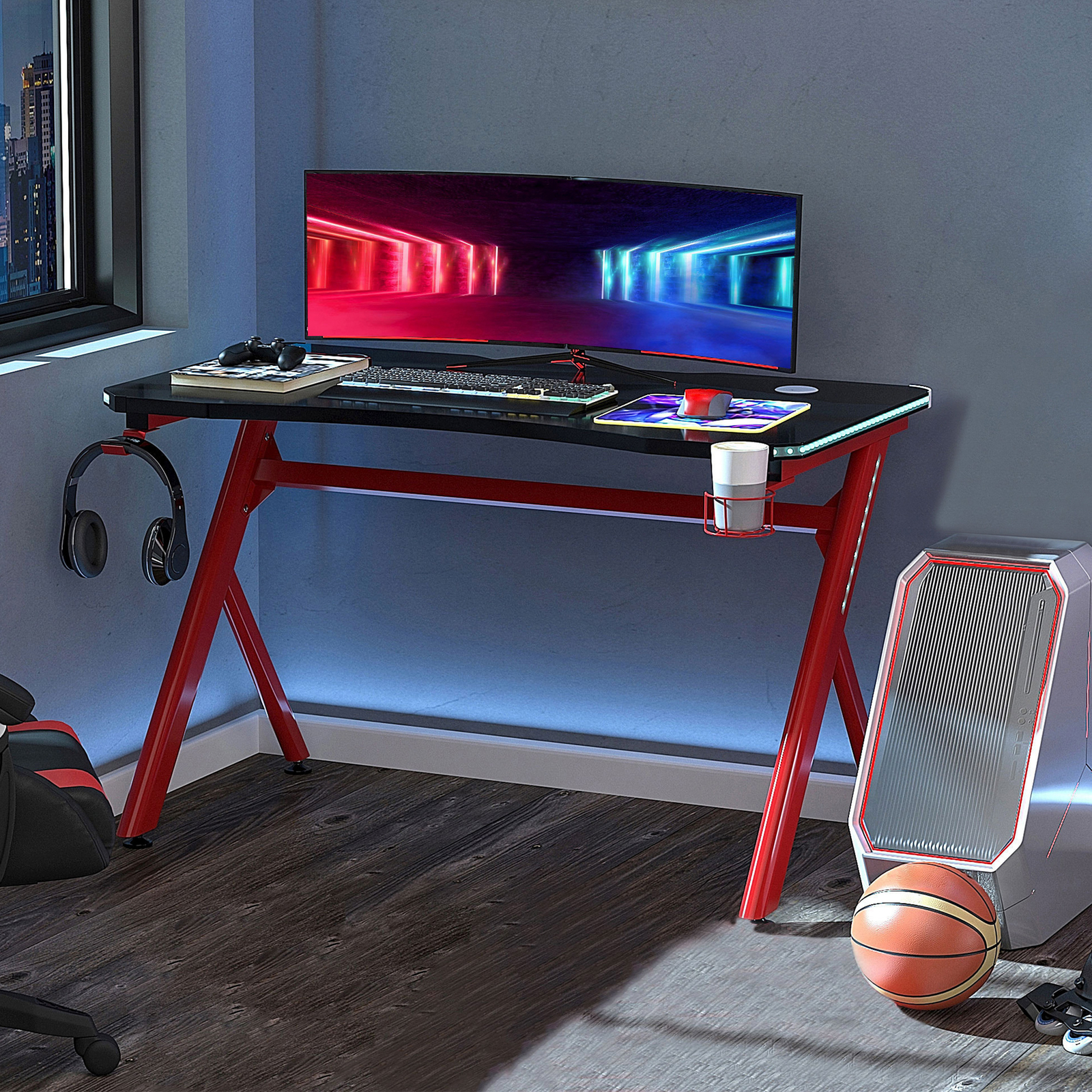 Gaming Desk Computer Table w/ LED Light, Hook Red, Refurbished