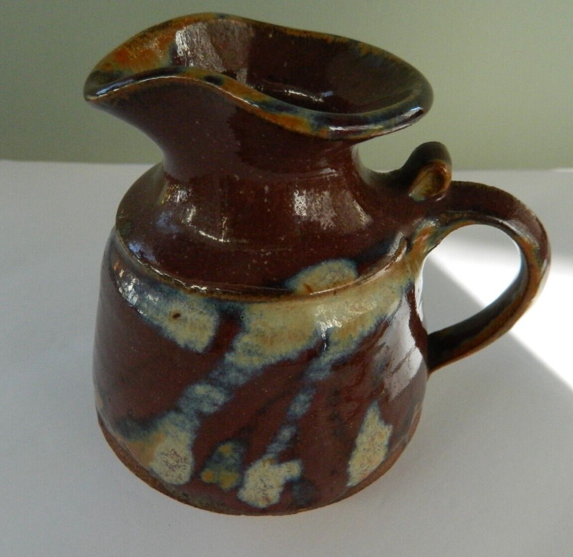 Pitcher Stoneware Small Brown Drip Glazed Rustic Farmhouse Art Pottery Signed