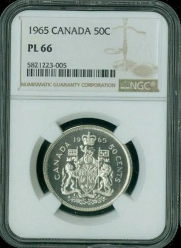 :1965 50C SILVER HALF DOLLAR ELIZABETH-II CANADA KM# 63 NGC PL-66 HIGHEST-GRADES