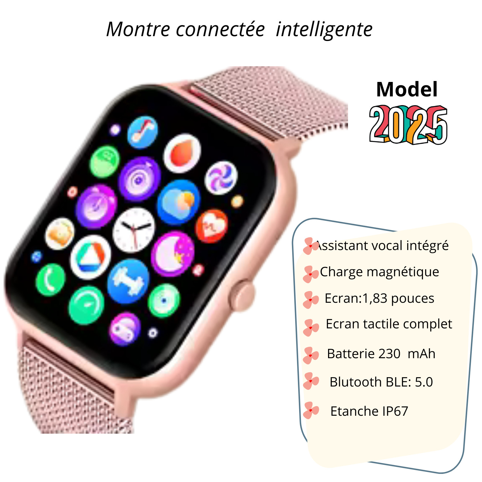 Montre connectée appels et SMS avec suivi fitness et écran tactile de 1.83 pouce
