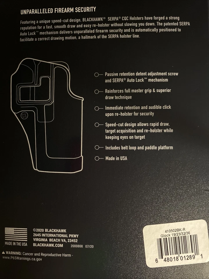 BlackHawk CQC Serpa Holster Glock 19 23 32 36 Matte Black 410502BK-R Right Hand - Image 3 of 4