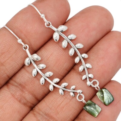 Leaf - Natural Russian Seraphinite 925 Sterling Silver Earrings Jewelry CE49127