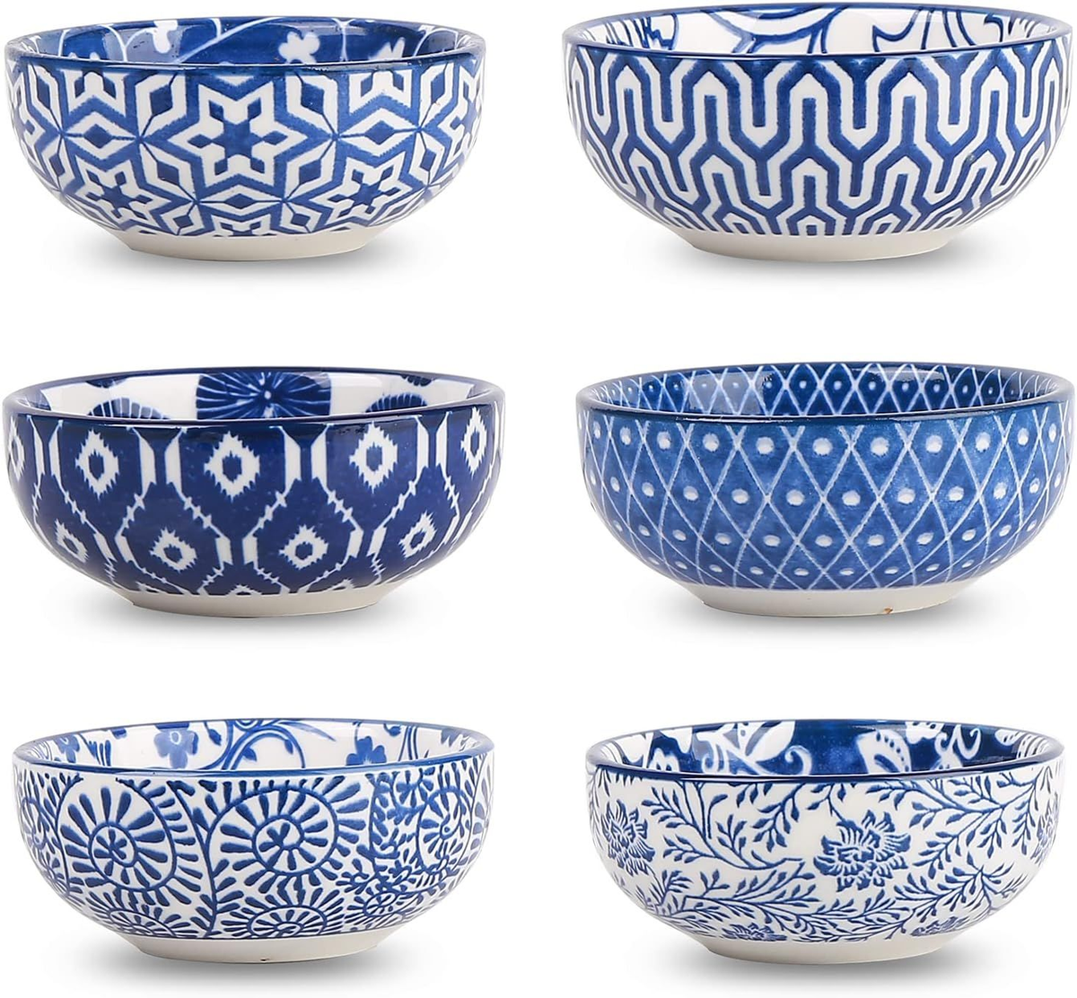 Japanese Style Ceramic Dipping Bowls – 3 Oz, Blue & White – Set Of 6, 10cm