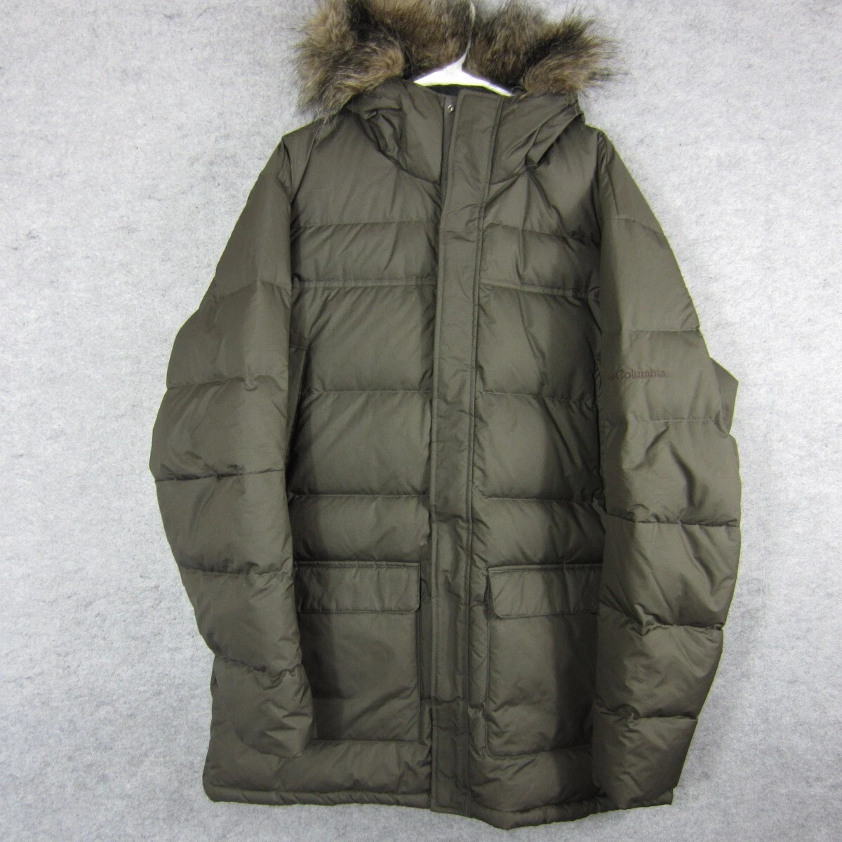 Columbia Puffer Coat Jacket XL Faux Fur Hood Green Full Zip Duck Down Winter