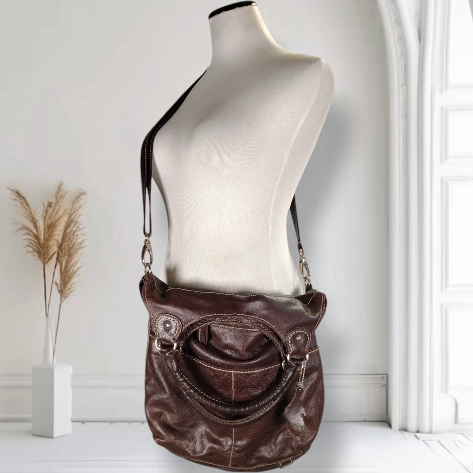 Roots Canada Lauren Crossbody Messenger Bag Brown Leather Slouch Hobo Tote