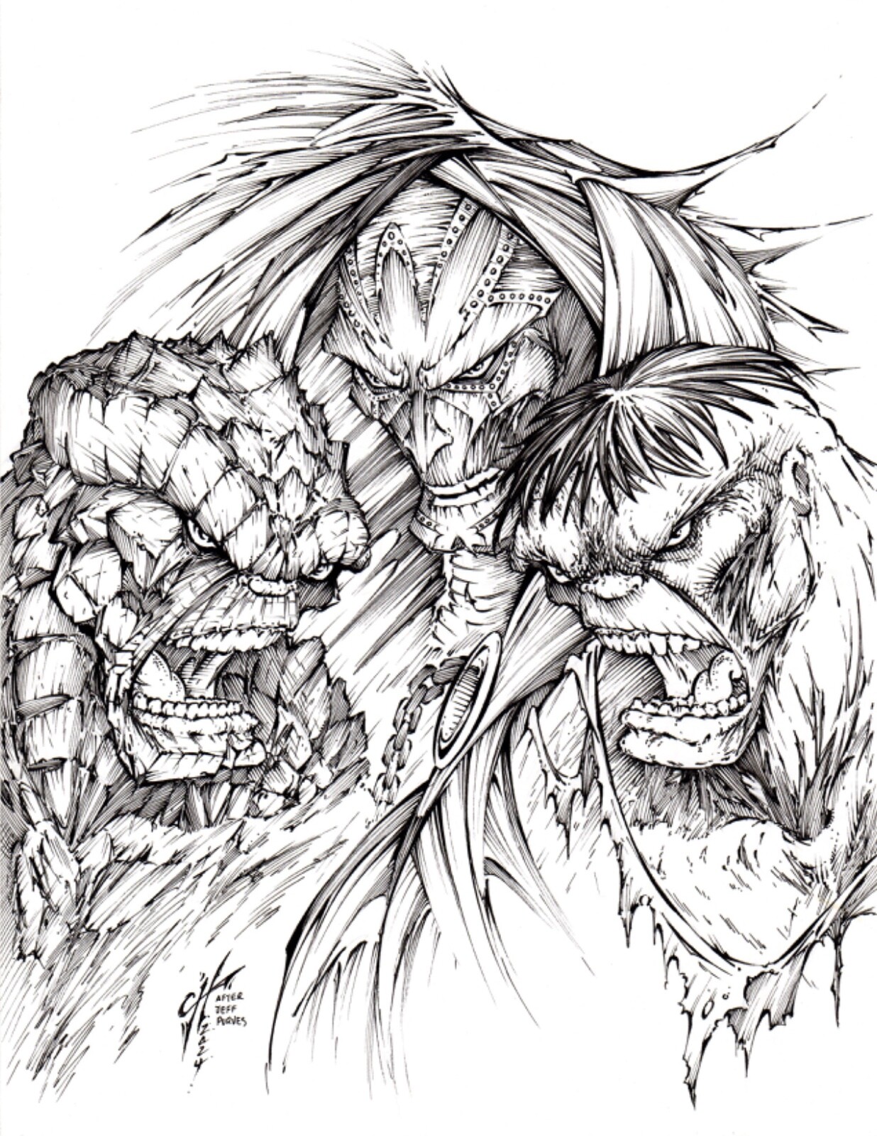 The Thing, Dr. Doom & Hulk. ORIGINAL, B/W, drawing, illustration by Calvin Henio