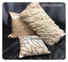 3 PC Donna Karan Gold Dust Designer Decorative Pillow Set Sequin, Silk NWT