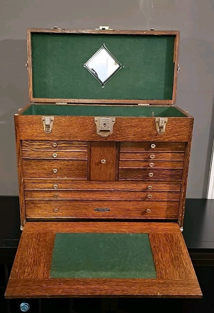 Vintage H. Gerstner & Son 11 Drawers Oak Wood Machinist Toolbox