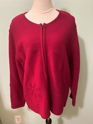 Tally Ho Womens Wool Full Zip Jacket Red XL Cardigan Sweater Floral Embroidered