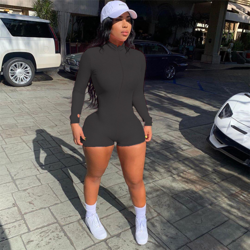 Knit Rib Bodycon Fitness Playsuit Sportswear Long Sleeve Zipper Rompers Jumpsuit - Picture 13 of 16