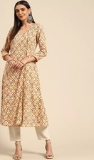 Women Indian Kurta; Beige  White Ethnic Printed Cotton Angrakha A-line Kurta