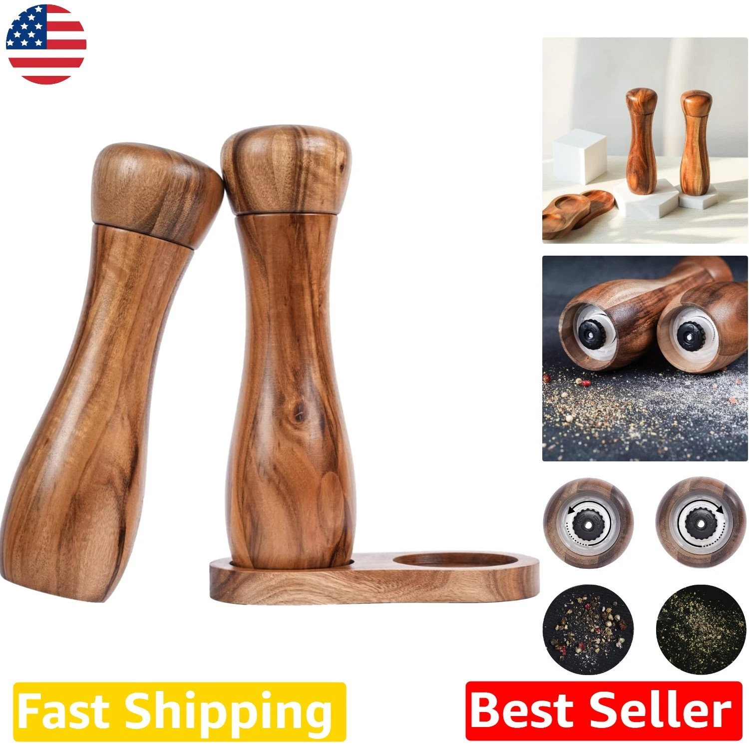 Professional Salt Pepper Mill Set 2, Acacia Wood, Ceramic Grinder, Tray Included