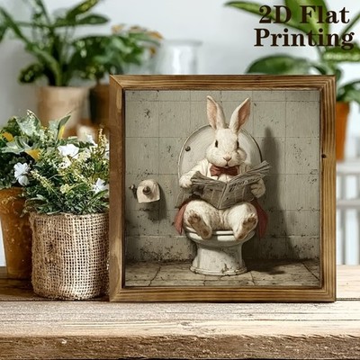 Rabbit Reading Newspaper on Toilet Wooden Frame Sign Humorous Bathroom Decor