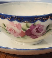 Vintage TE-OH China Violet Pink Roses Cobalt Blue Cup Saucer Hand Painted Nippon