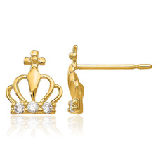 14K Solid Yellow Gold Cubic Zirconia Large Crown Stud Earrings 8mm 0.3 inch