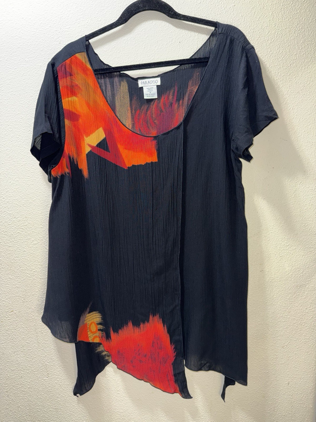 Paradiso Short Sleeve Blouse Womens Medium Black Red Orange Boho Tunic Top