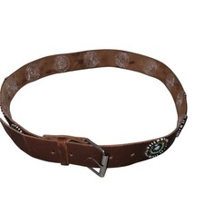 Vintage Brown Leather Beaded Belt Seed Bead Medallion Boho Western 36 Inch