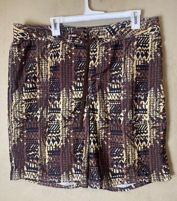 Beach Rays Surf Board Shorts Swim Trunks Hawaiian Tribal Print Brown SZ 38-NWOT
