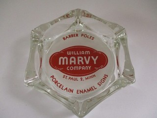 VINTAGE WILLIAM MARVY ST. PAUL MINN. BARBER POLES AND PORCELAIN SIGNS ASHTRAY