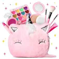 Kids Makeup Kit Real Washable NonToxic Set w/Fluffy Purse Pink Unicorn Gift Girl