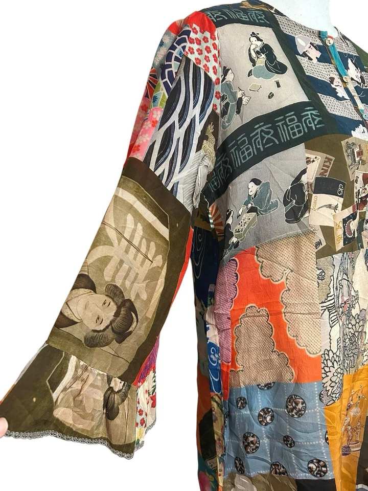 Johnny Was Vera Tunic Size S Cupra Rayon Patchwork Split Neck $240 Sheer Chic - Image 3 of 4