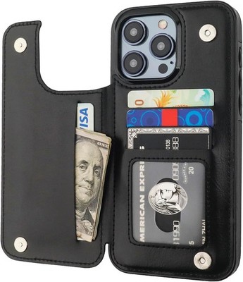iPhone 15 Pro Max Wallet Case with Card Holder, PU Leather Kickstand, Black