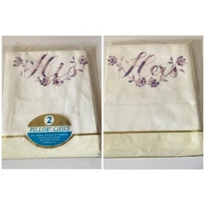 Vintage His Hers Embroidered Standard Pillow Cases Cotton NOS USA Wedding